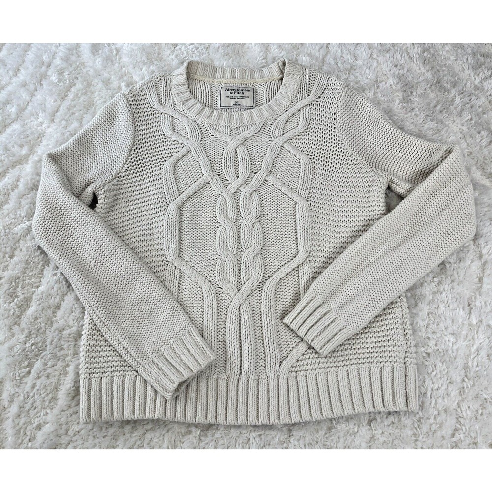 Abercrombie & Fitch Sweater Size M Cream Long Sleeve Cable Knit Chunky Crew Neck - Picture 7 of 9